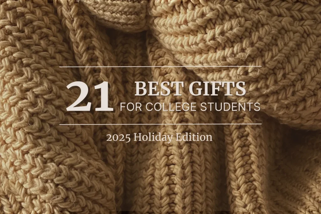 Stack of tan knit sweaters folded neatly, used as hero image for 21 best gifts for college students holiday gift guide.