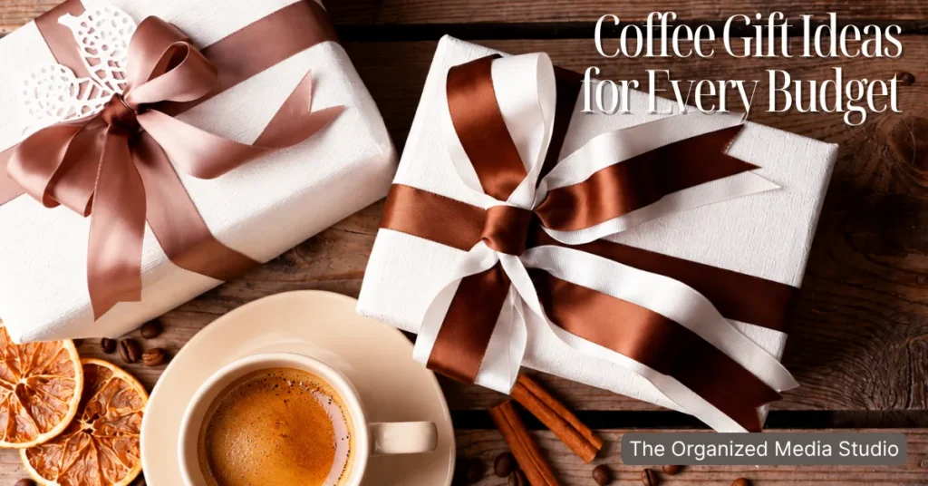 wrapped packgages tied with brown ribbon on wood background with espresso and creama coffee gift ideas for every budget text
