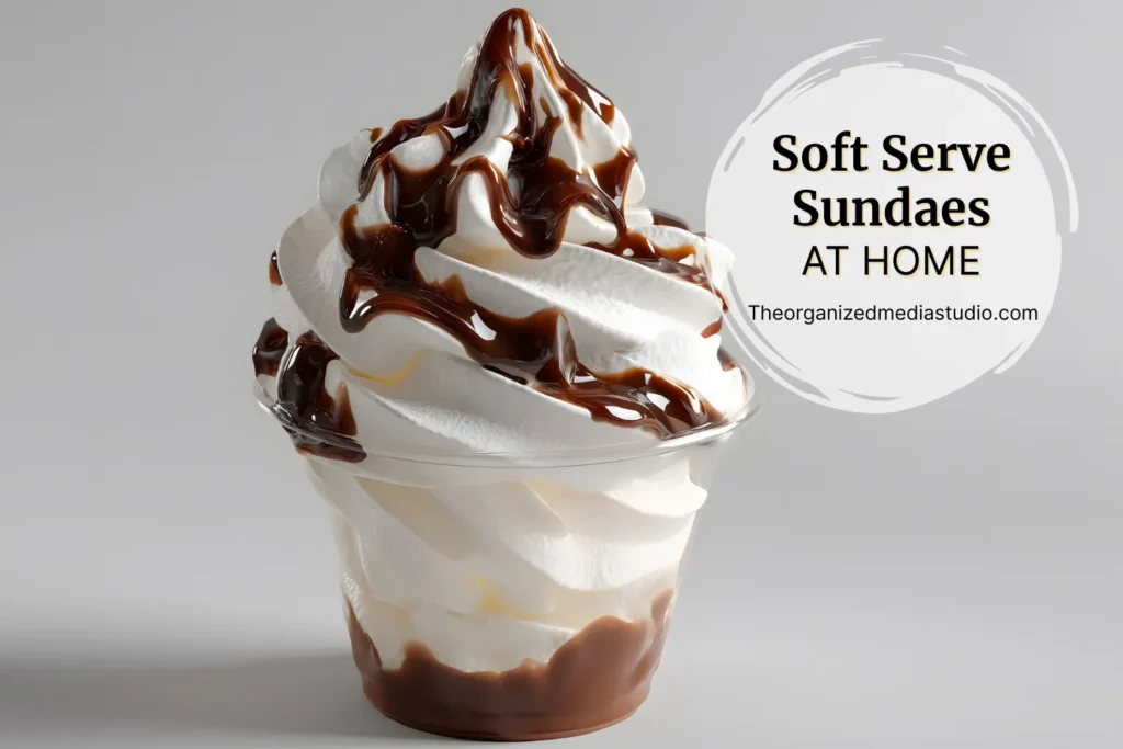 Ninja Swirl home soft-serve sundae with chocolate syrup-make soft-serve sundaes at home