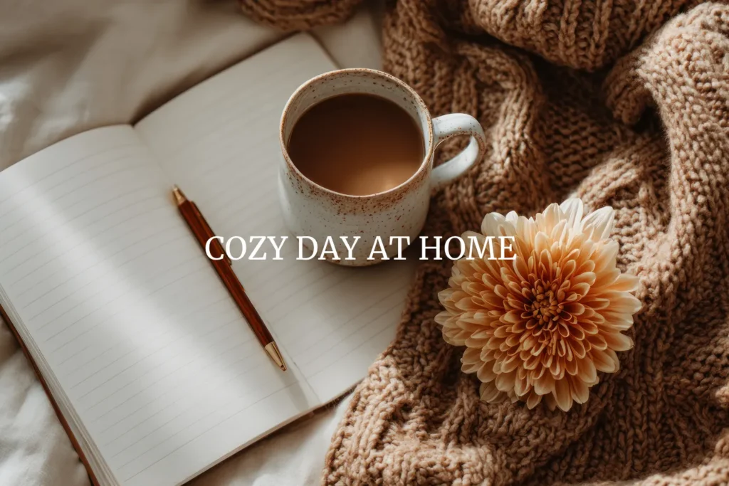 Open journal with a pen, warm coffee mug, and soft knit blanket with a flower, styled to reflect cozy day at home gifts for her.