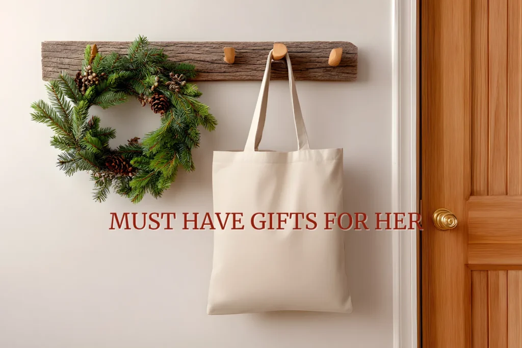 Neutral canvas tote bag hanging by a holiday wreath on a wooden hook, styled as the hero image for best gifts for her.