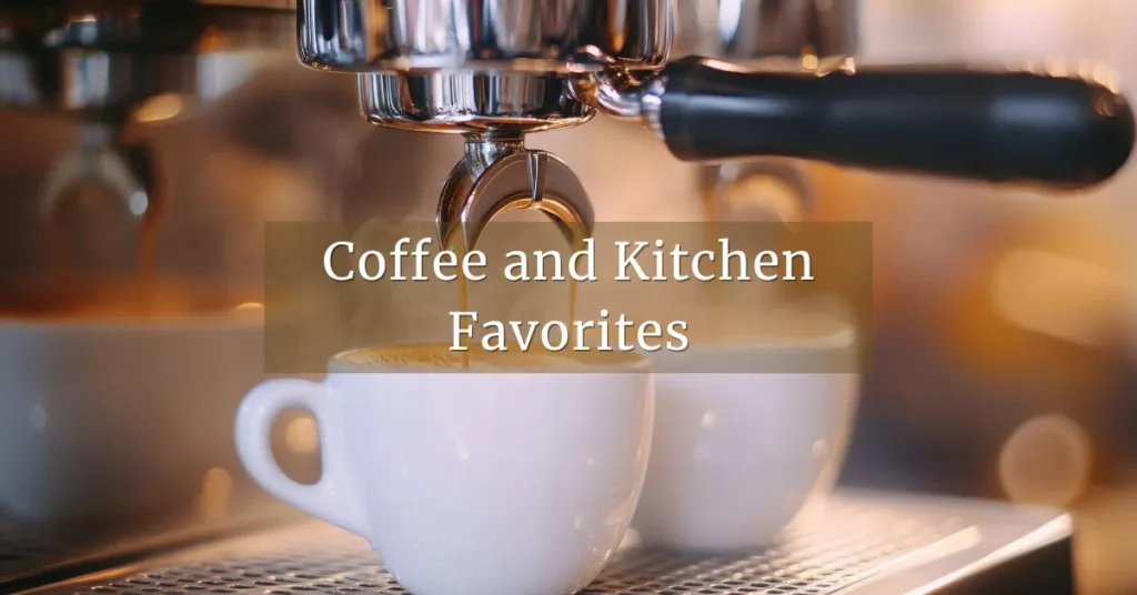 Close-up espresso shot pouring from a portafilter into a white cup, section header image for Coffee and Kitchen Favorites.