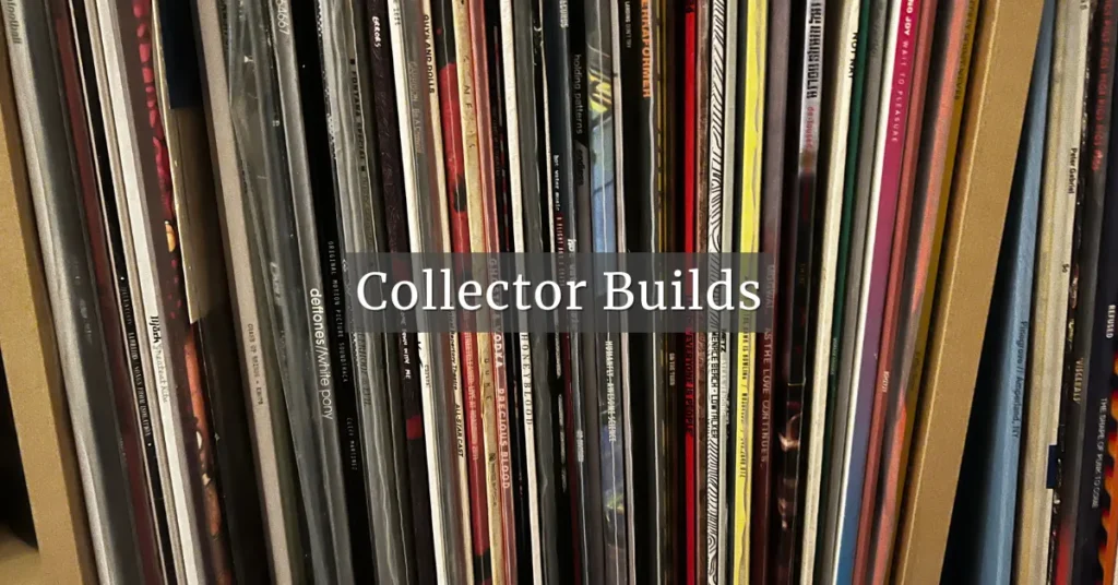 Close-up row of vintage record spines in a shelf, section header image for Collector Builds.