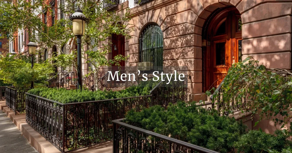 Brownstone row houses with wrought-iron railings and greenery along the sidewalk, section header image for Men’s Style.