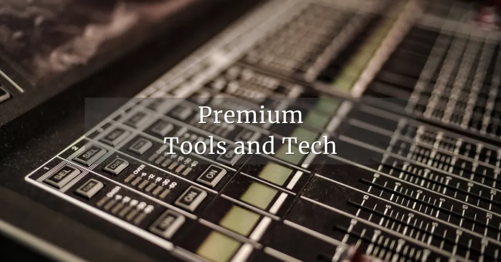 Close-up of a professional soundboard with labeled controls and digital displays, section header image for Premium Tools and Tech.