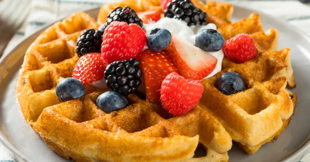 Waffle topped with fresh berries, featured in the KitchenAid 9-Speed Hand Mixer review for lifestyle context.