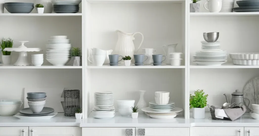 "Entertaining Mode hosting organization with shelves of trays, platters, glassware, and serving pieces arranged for easy access.