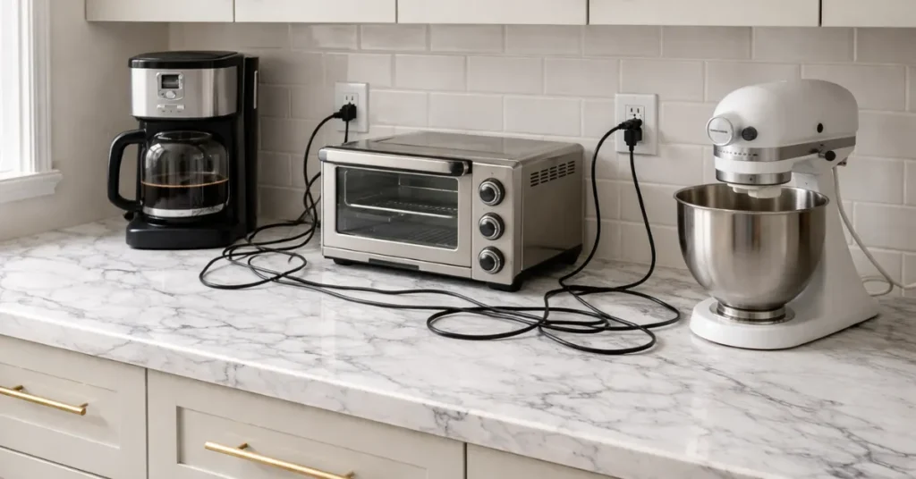 Kitchen counter with a coffee maker, toaster oven, and stand mixer with lightly tangled cords on a white marble countertop