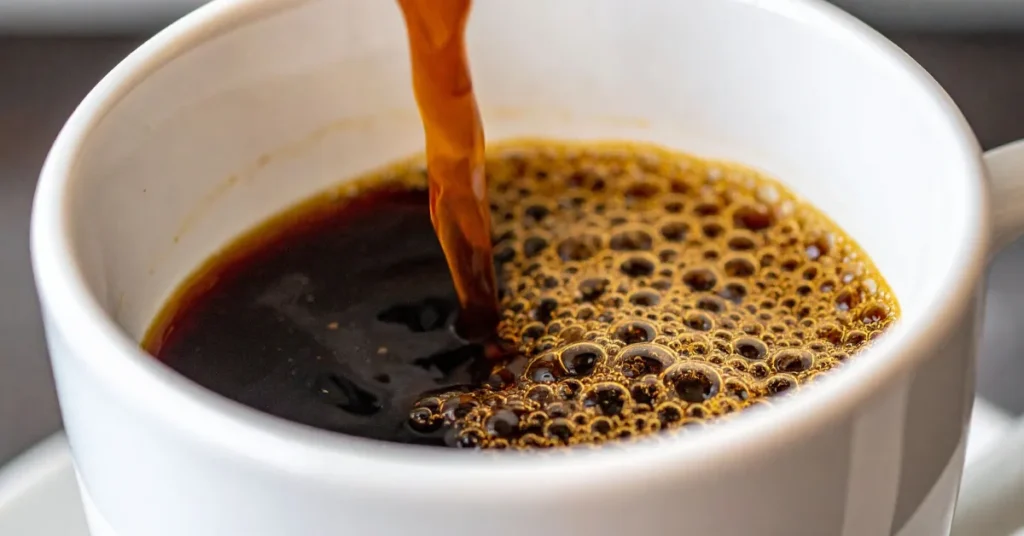 How to fix bitter coffee at home with fresh coffee pouring into a mug, rich crema bubbles, and balanced brew texture