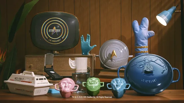 Le Creuset Star Trek collection featuring the Enterprise Dutch oven, character Mini Cocottes, Spock-inspired pieces, and other limited-edition cookware and accessories.