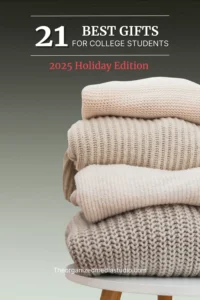 Stack of beige knit sweaters against gradient backdrop, design image for college student holiday gift guide.