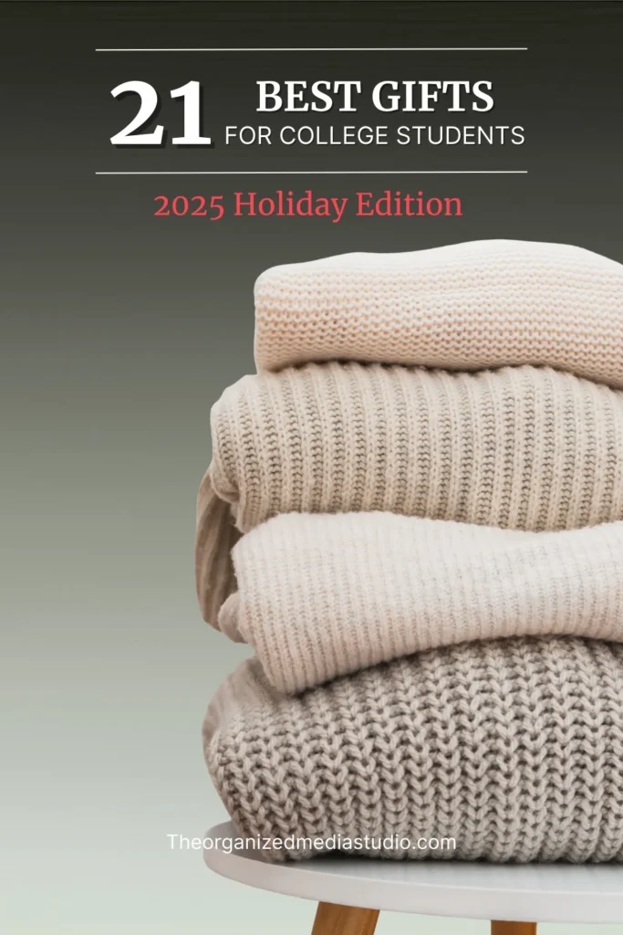 Stack of beige knit sweaters against gradient backdrop, design image for college student holiday gift guide.