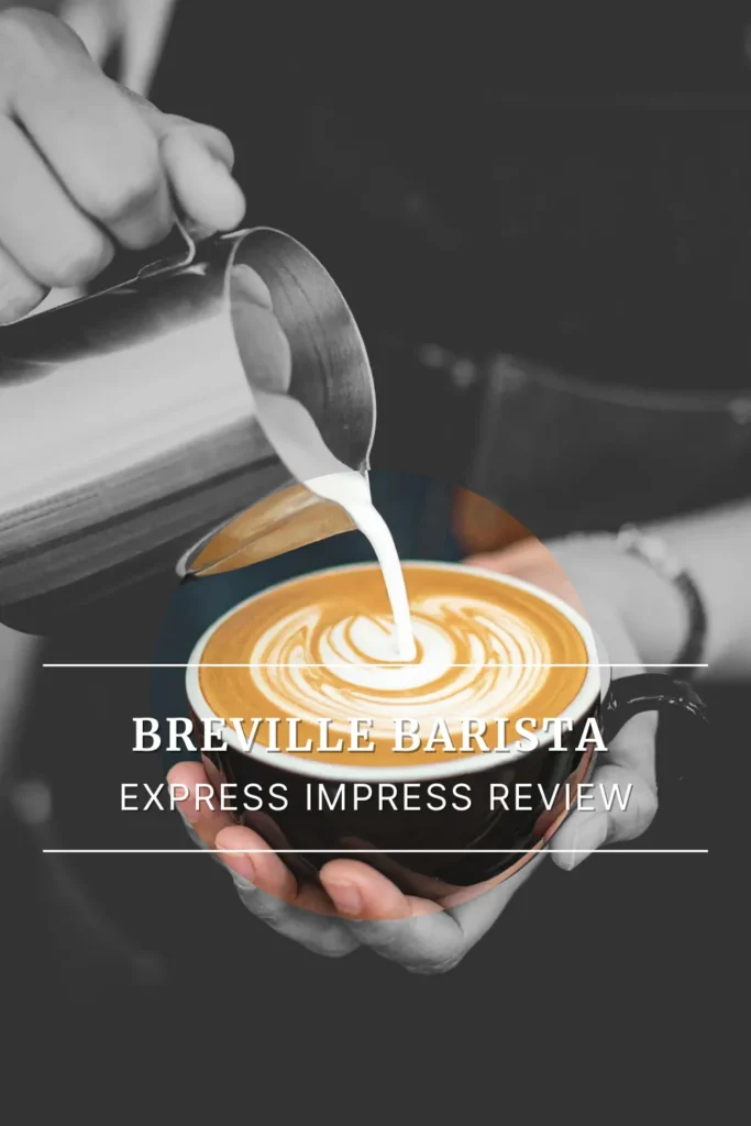 Close-up of espresso pouring into a white cup with rich crema from a stainless steel portafilter, representing home espresso brewing.