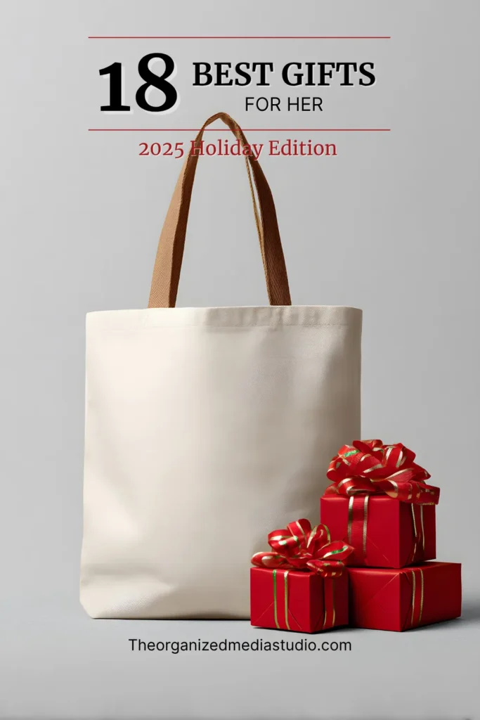 Minimal tote bag with red holiday gift boxes tied in bows, styled for 18 best gifts for her holiday edition.