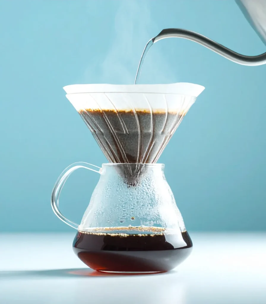 Chemex brewer with a precise hot-water pour against a blue background