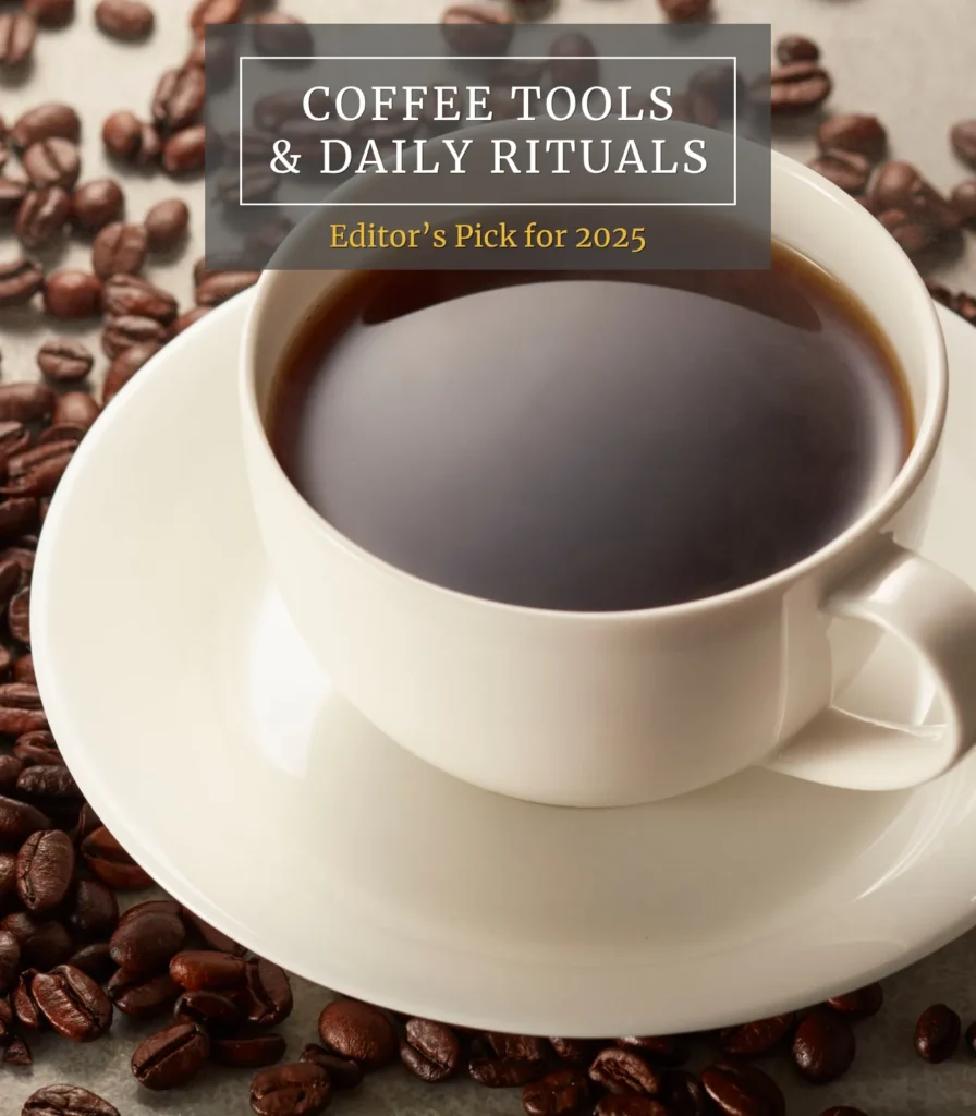 Large white cup of black coffee surrounded by roasted beans, highlighting the coffee tools and daily rituals focus at TOMS