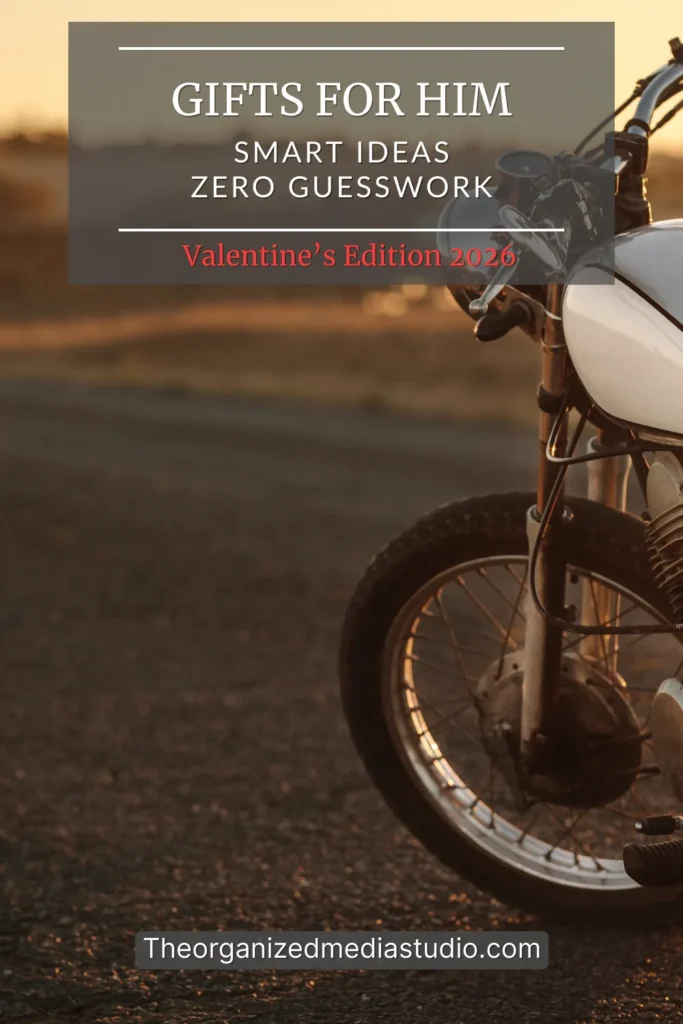 Gifts for Him Valentine’s 2026 hero image showing a vintage motorcycle at sunset with overlay text highlighting smart ideas and zero guesswork