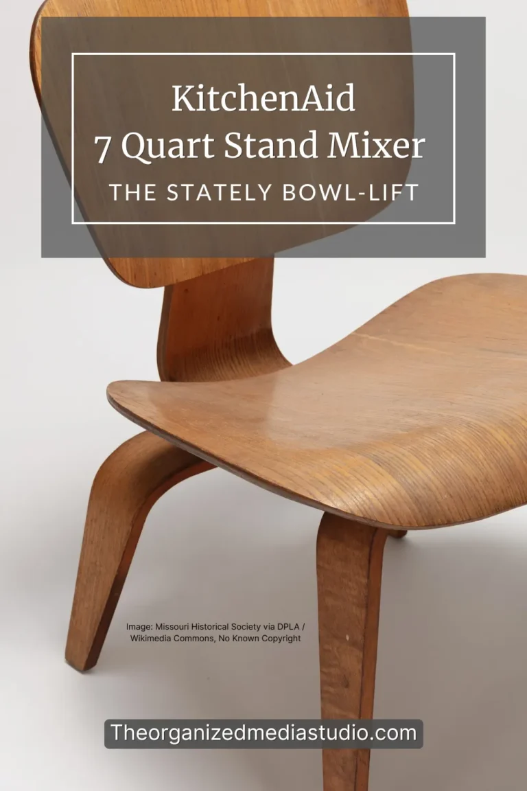 KitchenAid 7 quart stand mixer featured image styled with a mid century plywood chair for a premium kitchen design aesthetic