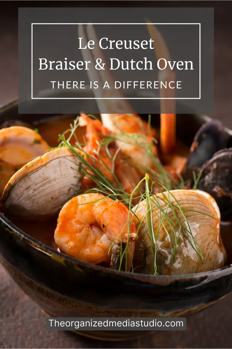 Le Creuset braisers and dutch ovens review — cioppino seafood stew with shrimp and clam in cookware, overlay text: “There Is a Difference”