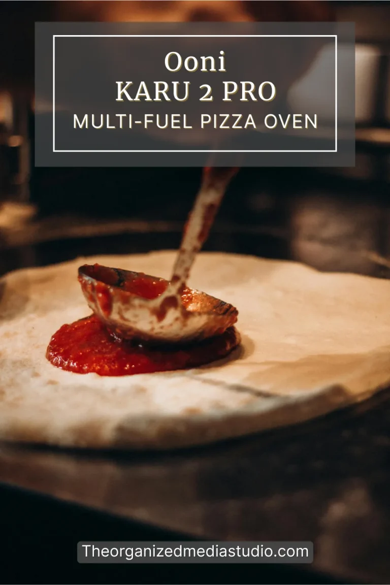 Tomato sauce being ladled onto pizza dough in an outdoor prep scene