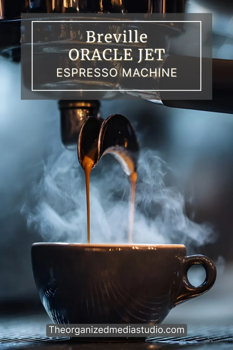 Two streams of espresso pouring into a black ceramic cup with rising steam and overlay text