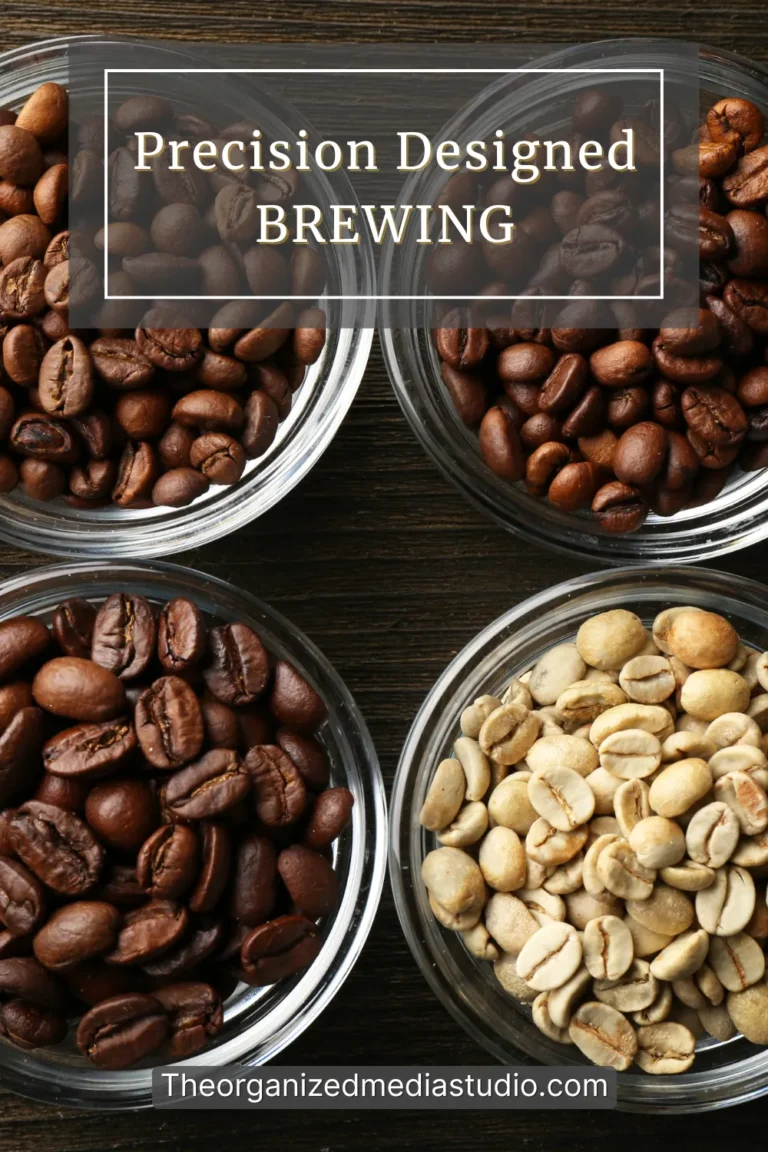 Four glass bowls show coffee beans at different roast stages, with a soft overlay reading “Precision Designed Brewing” to reflect the role of roast level in shaping brewing behavior.