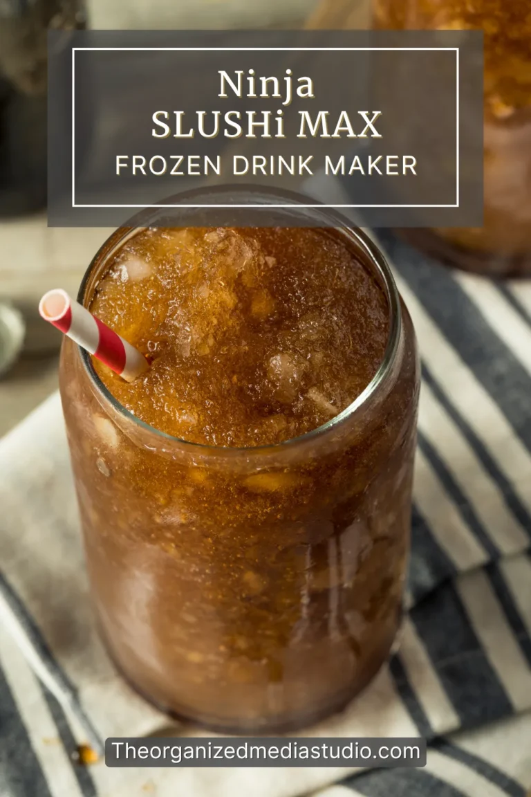Brown slushi drink with striped straw in glass, topped with crushed ice and overlay text